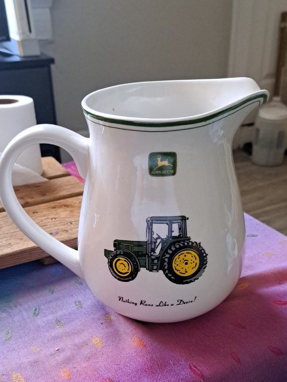 John Deere White and Green Ceramic Tractor Pitcher with Yellow Accents